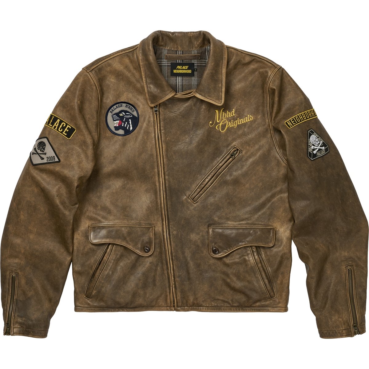 PALACE NEIGHBORHOOD BIKER LEATHER JACKET BROWN