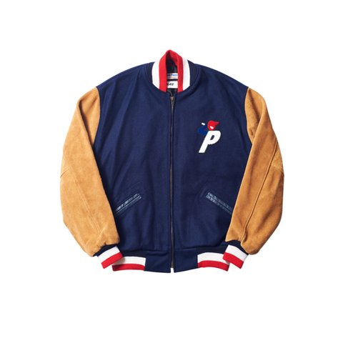 Palace EBBETS FIELD® WOOL / SUEDE VARSITY JACKET BROWN / NAVY - Colorway