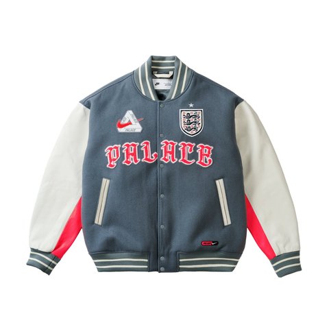 Palace PALACE NIKE ENGLAND VARSITY JACKET COOL GREY / WHITE / BRIGHT CRIMSON - Style 6